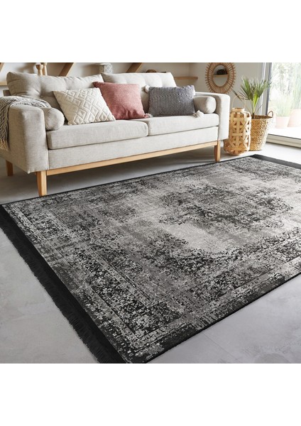 Gri Zeminde Damask Motifli Kilim Desenli Eskitme Motifli Etnik Motifler Dijital Baskılı Makinede Yıkanabilir Kaymaz Taban Saçaklı Halı