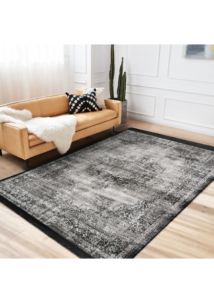 Gri Zeminde Damask Motifli Kilim Desenli Eskitme Motifli Etnik Motifler Dijital Baskılı Makinede Yıkanabilir Kaymaz Taban Saçaklı Halı fiyatları