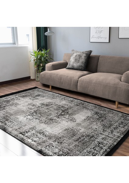 Gri Zeminde Damask Motifli Kilim Desenli Eskitme Motifli Etnik Motifler Dijital Baskılı Makinede Yıkanabilir Kaymaz Taban Saçaklı Halı modelleri