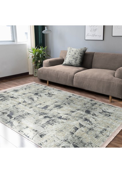 Gri Zeminde Eskitme Motifli Retro Desenli Eskitme Motifli Floral Dijital Baskılı Makinede Yıkanabilir Kaymaz Taban Saçaklı Halı