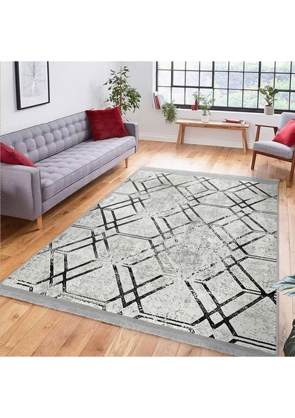 Siyah - Gri Zeminde Geometrik Motifli Kilim Desenli Geometrik Dijital Baskılı Makinede Yıkanabilir Kaymaz Taban Saçaklı Halı