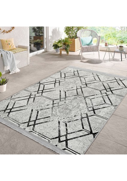 Siyah - Gri Zeminde Geometrik Motifli Kilim Desenli Geometrik Dijital Baskılı Makinede Yıkanabilir Kaymaz Taban Saçaklı Halı fiyatları