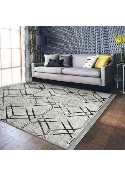 Siyah - Gri Zeminde Geometrik Motifli Kilim Desenli Geometrik Dijital Baskılı Makinede Yıkanabilir Kaymaz Taban Saçaklı Halı modelleri