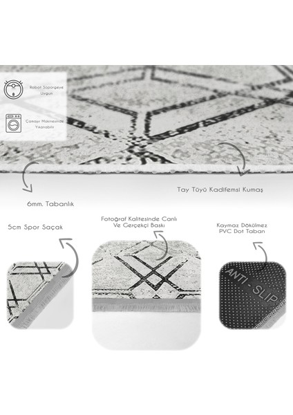 Siyah - Gri Zeminde Geometrik Motifli Kilim Desenli Geometrik Dijital Baskılı Makinede Yıkanabilir Kaymaz Taban Saçaklı Halı fırsatları