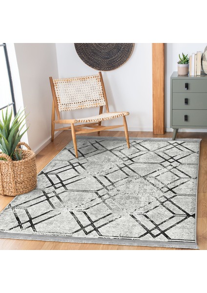 Siyah - Gri Zeminde Geometrik Motifli Kilim Desenli Geometrik Dijital Baskılı Makinede Yıkanabilir Kaymaz Taban Saçaklı Halı indirimleri