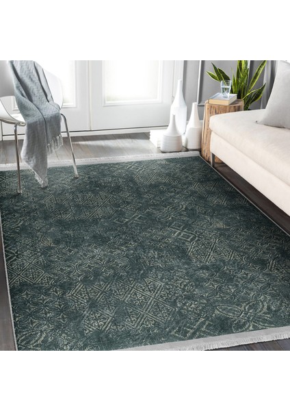 Haki Zeminde Örgü Motifli Kilim Desenli Etnik Motifler Vintage Dijital Baskılı Makinede Yıkanabilir Kaymaz Taban Saçaklı Halı