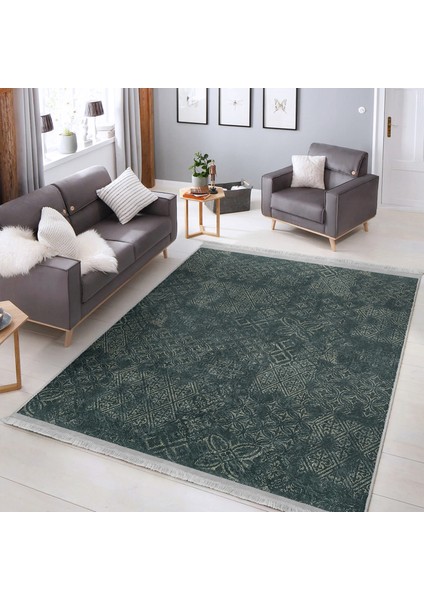 Haki Zeminde Örgü Motifli Kilim Desenli Etnik Motifler Vintage Dijital Baskılı Makinede Yıkanabilir Kaymaz Taban Saçaklı Halı indirimleri