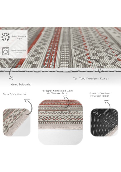 Renkli Zeminde Kilim Motifli Baklava Desenli Etnik Motifler Vintage Dijital Baskılı Makinede Yıkanabilir Kaymaz Taban Saçaklı Halı