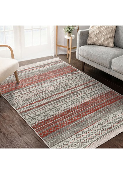 Renkli Zeminde Kilim Motifli Baklava Desenli Etnik Motifler Vintage Dijital Baskılı Makinede Yıkanabilir Kaymaz Taban Saçaklı Halı
