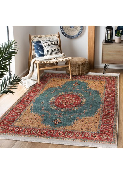 Kırmızı Zeminde Osmanlı Motifli Uşak Desenli Vintage Avangarde Dijital Baskılı Makinede Yıkanabilir Kaymaz Taban Saçaklı Halı fiyatları