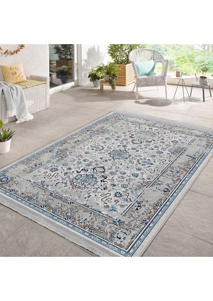 Mavi - Beyaz Zeminde Kilim Motifli Yöresel Desenli Vintage Eskitme Motifli Dijital Baskılı Makinede Yıkanabilir Kaymaz Taban Saçaklı Halı