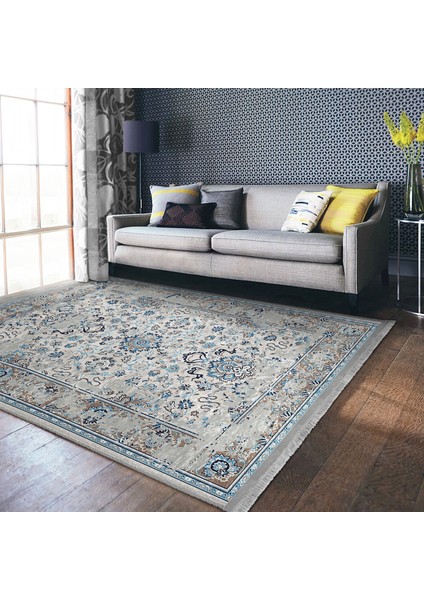 Mavi - Beyaz Zeminde Kilim Motifli Yöresel Desenli Vintage Eskitme Motifli Dijital Baskılı Makinede Yıkanabilir Kaymaz Taban Saçaklı Halı fiyatları