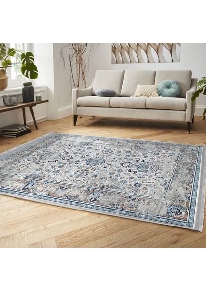 Mavi - Beyaz Zeminde Kilim Motifli Yöresel Desenli Vintage Eskitme Motifli Dijital Baskılı Makinede Yıkanabilir Kaymaz Taban Saçaklı Halı indirimleri