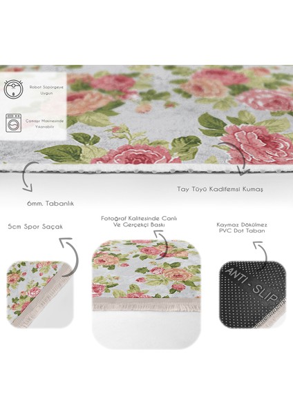 Gri Zeminde Yaprak Motifli Floral Desenli Floral Mutfak Yatak Odası Dijital Baskılı Makinede Yıkanabilir Kaymaz Taban Saçaklı Halı