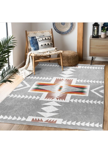 Gri Zeminde Yöresel Motifli Antik Desenli Vintage Etnik Motifler Dijital Baskılı Makinede Yıkanabilir Kaymaz Taban Saçaklı Halı modelleri