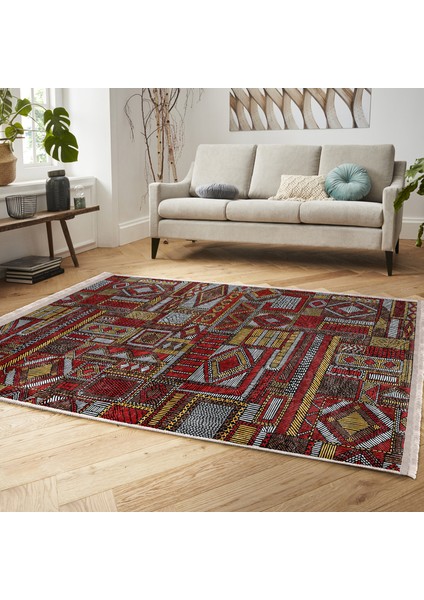 Kırmızı - Kahverengi Zeminde Patchwork Motifli Otantik Desenli Etnik Motifler Eskitme Motifli Dijital Baskılı Makinede Yıkanabilir Kaymaz Taban Saçaklı Halı