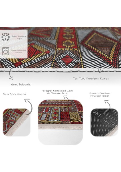 Kırmızı - Kahverengi Zeminde Patchwork Motifli Otantik Desenli Etnik Motifler Eskitme Motifli Dijital Baskılı Makinede Yıkanabilir Kaymaz Taban Saçaklı Halı fırsatları