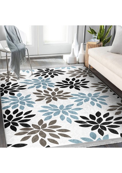 Siyah - Mavi Zeminde Yaprak Motifli Modern Sanat Desenli Floral Baskılı Makinede Yıkanabilir Kaymaz Taban Saçaklı Halı