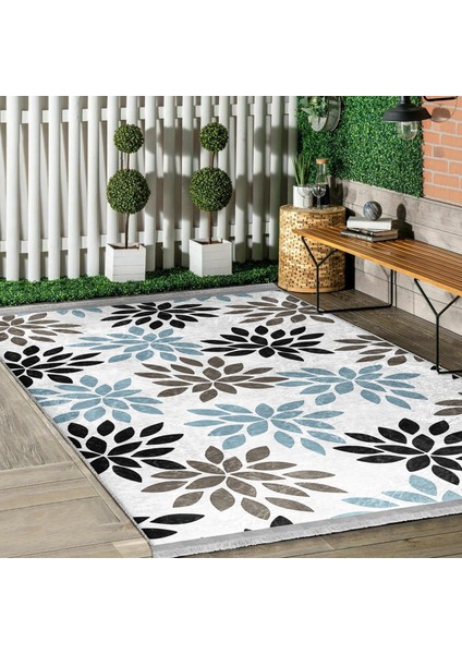 Siyah - Mavi Zeminde Yaprak Motifli Modern Sanat Desenli Floral Baskılı Makinede Yıkanabilir Kaymaz Taban Saçaklı Halı fiyatları