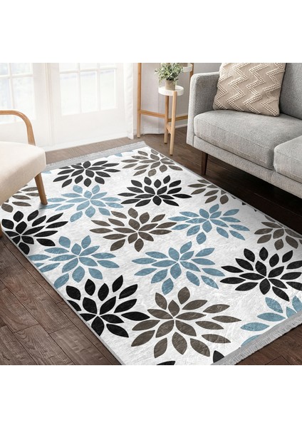 Siyah - Mavi Zeminde Yaprak Motifli Modern Sanat Desenli Floral Baskılı Makinede Yıkanabilir Kaymaz Taban Saçaklı Halı modelleri