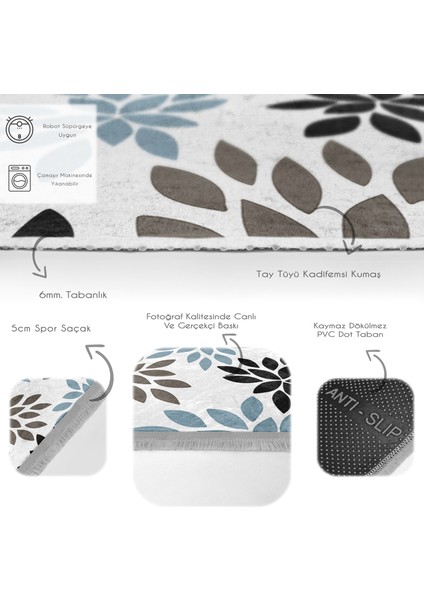 Siyah - Mavi Zeminde Yaprak Motifli Modern Sanat Desenli Floral Baskılı Makinede Yıkanabilir Kaymaz Taban Saçaklı Halı fırsatları