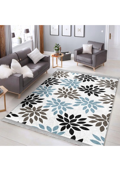 Siyah - Mavi Zeminde Yaprak Motifli Modern Sanat Desenli Floral Baskılı Makinede Yıkanabilir Kaymaz Taban Saçaklı Halı indirimleri