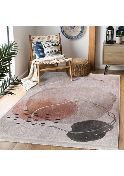 Yavruağzı Zeminde Modern Sanat Motifli Kanvas Desenli Bohem Modern Dijital Baskılı Makinede Yıkanabilir Kaymaz Taban Saçaklı Halı