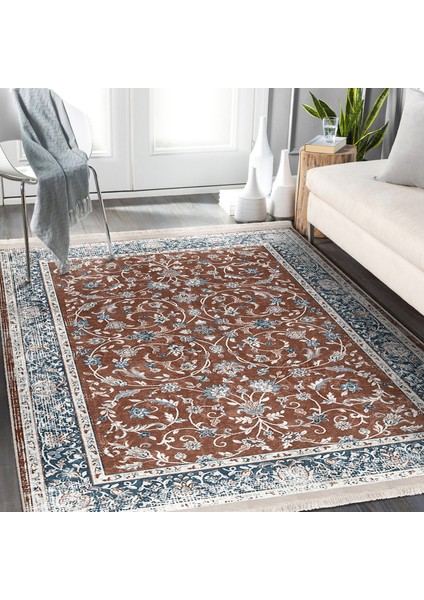 Kremit Zeminde Antik Motifli Kilim Desenli Vintage Avangarde Dijital Baskılı Makinede Yıkanabilir Kaymaz Taban Saçaklı Halı