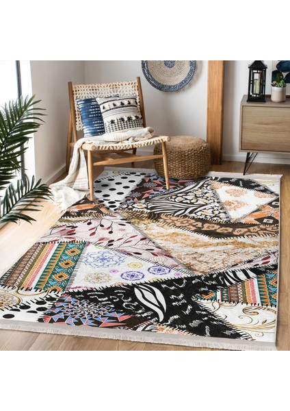 Etnik Zeminde Patchwork Motifli Geleneksel Desenli Vintage Klasik Dijital Baskılı Makinede Yıkanabilir Kaymaz Taban Saçaklı Halı