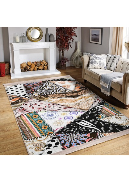 Etnik Zeminde Patchwork Motifli Geleneksel Desenli Vintage Klasik Dijital Baskılı Makinede Yıkanabilir Kaymaz Taban Saçaklı Halı fiyatları
