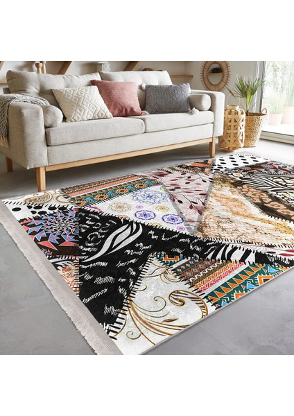 Etnik Zeminde Patchwork Motifli Geleneksel Desenli Vintage Klasik Dijital Baskılı Makinede Yıkanabilir Kaymaz Taban Saçaklı Halı modelleri