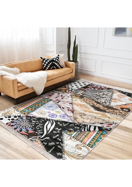 Etnik Zeminde Patchwork Motifli Geleneksel Desenli Vintage Klasik Dijital Baskılı Makinede Yıkanabilir Kaymaz Taban Saçaklı Halı indirimleri