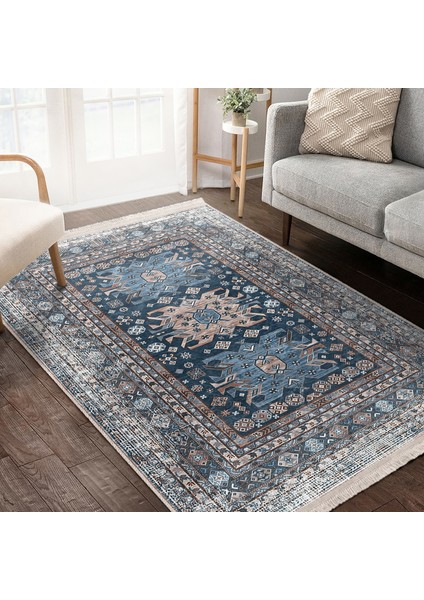 Mavi Zeminde Kilim Motifli Hereke Desenli Eskitme Motifli Avangarde Dijital Baskılı Makinede Yıkanabilir Kaymaz Taban Saçaklı Halı