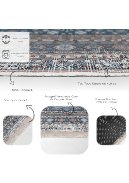 Mavi Zeminde Kilim Motifli Hereke Desenli Eskitme Motifli Avangarde Dijital Baskılı Makinede Yıkanabilir Kaymaz Taban Saçaklı Halı fırsatları