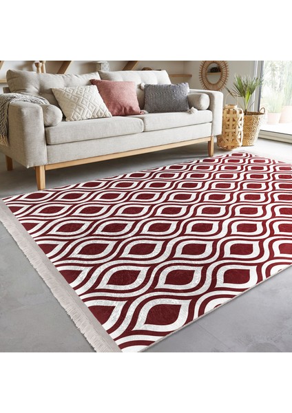 Bordo Zeminde Geometrik Motifli Klasik Desenli Geometrik Koridor & Antre Banyo Dijital Baskılı Makinede Yıkanabilir Kaymaz Taban Saçaklı Halı