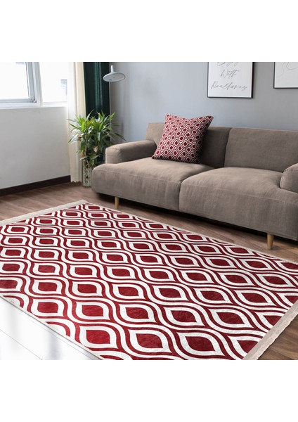 Bordo Zeminde Geometrik Motifli Klasik Desenli Geometrik Koridor & Antre Banyo Dijital Baskılı Makinede Yıkanabilir Kaymaz Taban Saçaklı Halı modelleri