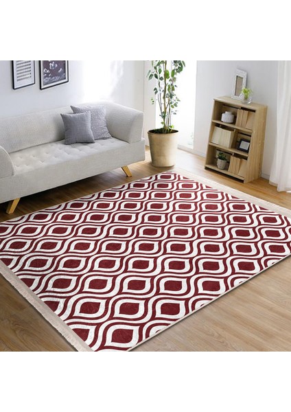 Bordo Zeminde Geometrik Motifli Klasik Desenli Geometrik Koridor & Antre Banyo Dijital Baskılı Makinede Yıkanabilir Kaymaz Taban Saçaklı Halı indirimleri