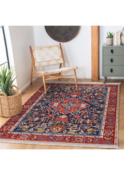 Kırmızı Zeminde El Dokuma Motifli Geleneksel Desenli Avangarde Vintage Dijital Baskılı Makinede Yıkanabilir Kaymaz Taban Saçaklı Halı modelleri