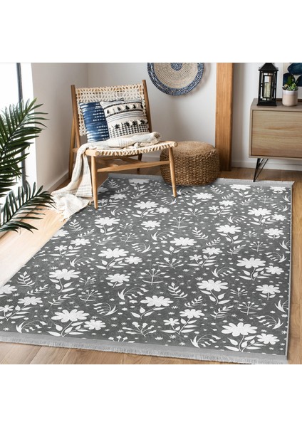 Gri - Beyaz Zeminde Yaprak Motifli Floral Desenli Floral Dijital Baskılı Makinede Yıkanabilir Kaymaz Taban Saçaklı Halı