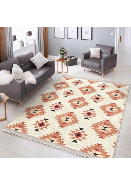 Krem - Kahverengi Zeminde Etnik Motifli Art Deco Desenli Etnik Motifler Geometrik Dijital Baskılı Makinede Yıkanabilir Kaymaz Taban Saçaklı Halı