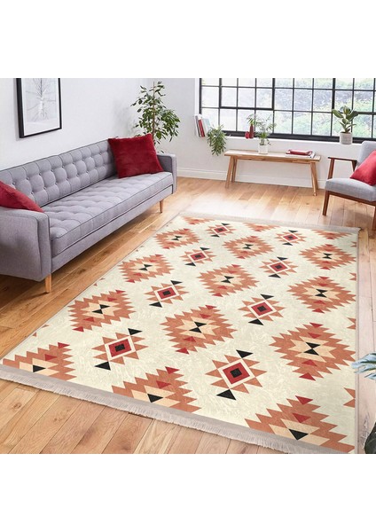 Krem - Kahverengi Zeminde Etnik Motifli Art Deco Desenli Etnik Motifler Geometrik Dijital Baskılı Makinede Yıkanabilir Kaymaz Taban Saçaklı Halı fiyatları