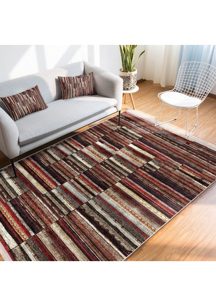 Kahverengi Zeminde Patchwork Motifli Kırkyama Desenli Vintage Klasik Dijital Baskılı Makinede Yıkanabilir Kaymaz Taban Saçaklı Halı