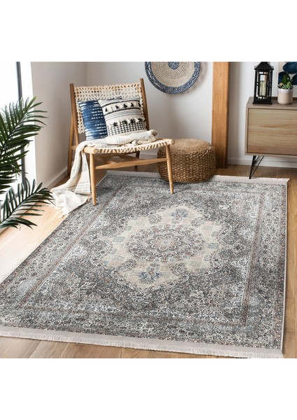 Bej Zeminde Osmanlı Motifli Hereke Desenli Eskitme Motifli Vintage Dijital Baskılı Makinede Yıkanabilir Kaymaz Taban Saçaklı Halı modelleri