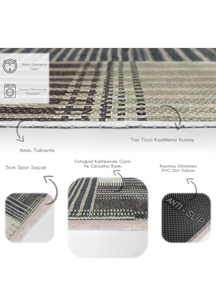 Kahverengi - Krem Zeminde Patchwork Motifli Örme Desenli Klasik Dijital Baskılı Makinede Yıkanabilir Kaymaz Taban Saçaklı Halı fırsatları