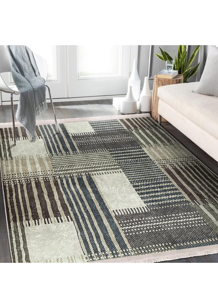 Kahverengi - Krem Zeminde Patchwork Motifli Örme Desenli Klasik Dijital Baskılı Makinede Yıkanabilir Kaymaz Taban Saçaklı Halı indirimleri
