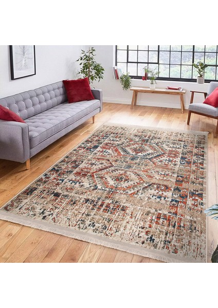 Krem - Kırmızı Zeminde Kilim Motifli Etnik Desenli Etnik Motifler Eskitme Motifli Dijital Baskılı Makinede Yıkanabilir Kaymaz Taban Saçaklı Halı modelleri