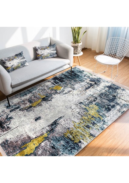 Gri - Sarı Zeminde Modern Sanat Motifli Boya Desenli Modern Eskitme Motifli Dijital Baskılı Makinede Yıkanabilir Kaymaz Taban Saçaklı Halı