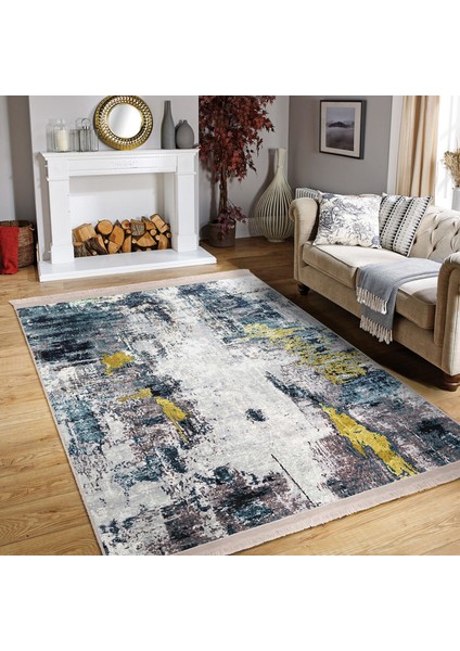 Gri - Sarı Zeminde Modern Sanat Motifli Boya Desenli Modern Eskitme Motifli Dijital Baskılı Makinede Yıkanabilir Kaymaz Taban Saçaklı Halı modelleri