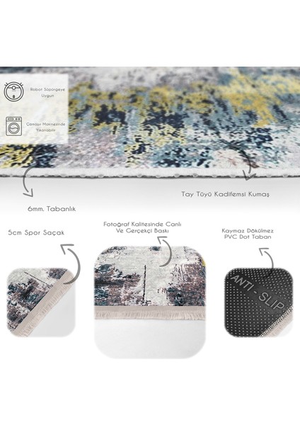 Gri - Sarı Zeminde Modern Sanat Motifli Boya Desenli Modern Eskitme Motifli Dijital Baskılı Makinede Yıkanabilir Kaymaz Taban Saçaklı Halı fırsatları