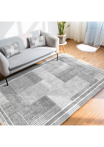 Gri Zeminde Çerçeveli Motifli Dokuma Halı Desenli Geometrik Sade & Şık Koridor & Antre Salon & Oturma Odası Dijital Baskılı Makinede Yıkanabilir Kaymaz Taban Saçaklı Halı fiyatları